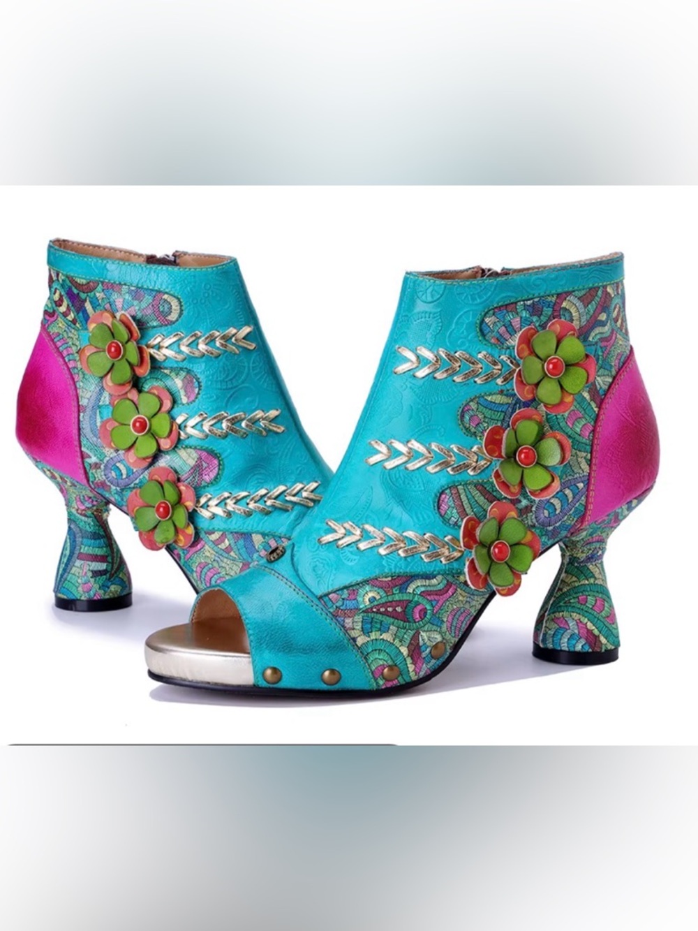 Soffia Catherine Floral Leather Heels Sz 7 EU 38 - Boho Peep Toe Applique Boots